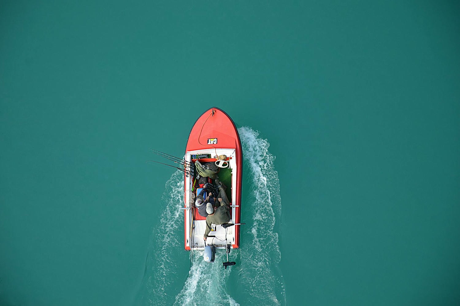 aerial view of fisherman on boat